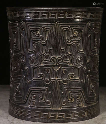 A ZITAN WOOD BRUSH POT CARVED WITH BEAST PATTERN