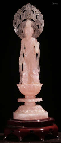 A PINK CRYSTAL GUANYIN BUDDHA STATUE