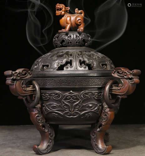 A ZITAN WOOD CENSER CARVED WITH BEAST PATTERN