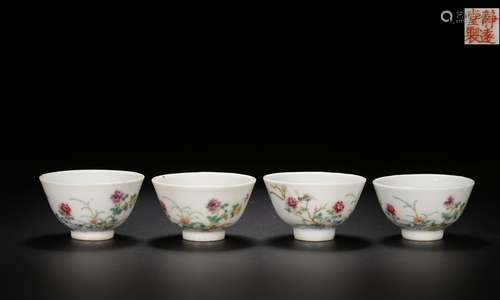 SET OF FAMILLE ROSE GLAZE CUP WITH FLOWER&BIRD PATTERN