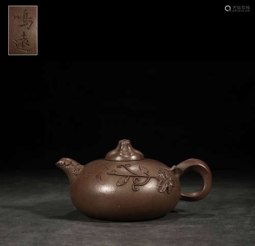 A ZISHA TEA POT CARVED WITH FLOWER&POETRY