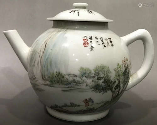 A SHALLOW GLAZE TEA POT PAINTED WITH LANDSCAPE