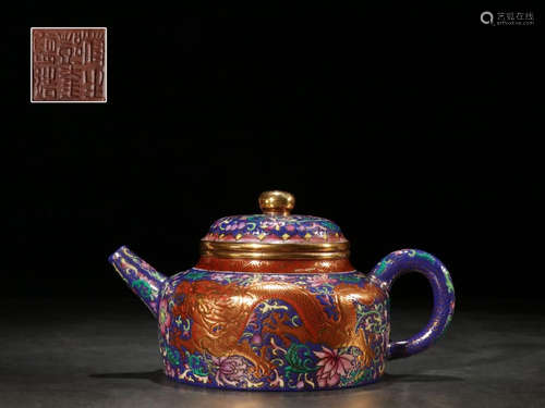 A ZISHA TEA POT PAINTED WITH FLOWER PATTERN