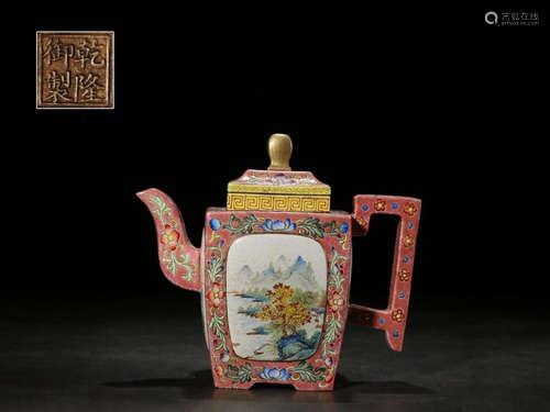 A ZISHA TEA POT PAINTED WITH LANDSCAPE PATTERN