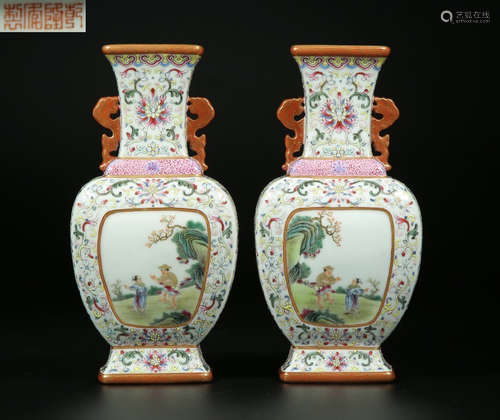 PAIR OF FAMILLE ROSE GLAZE VASE WITH FIGURE&FLOWER PATTERN