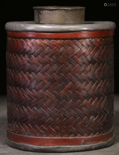 A BAMBOO JAR EMBEDDED WITH TIN