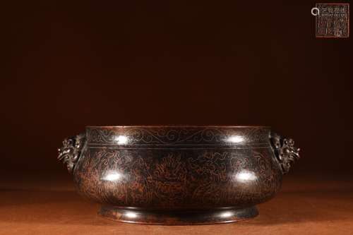 A Chinese Bronze Censer With Silver Lion&Phoenix Pattern