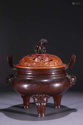 A Chinese Rosewood Tripod Censer Embeded Boxwood