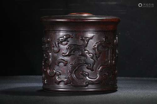 A Chinese Rosewood Tea Jar Of Dragon Carving With Cover