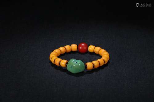 A Chinese Yellow Sherpa Glass Bead Bracelet With Turquoise Stone