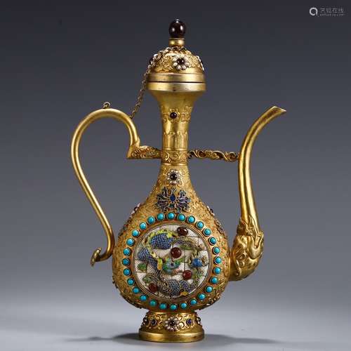 A Chinese Gilt Bronze Pot Embeded Gems