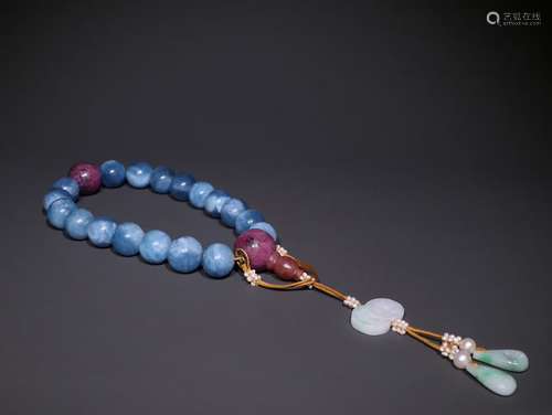 A Chinese Aquamarine Bracelet With Ruby