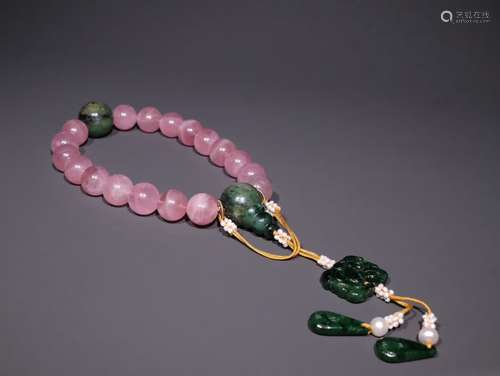 A Chinese Pink Crystal Bracelet With Jadeite