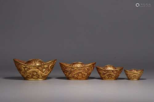 Set Of Chinese Gilt Bronze Ingots Of Dragon Carving