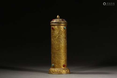 A Chinese Gilt Silver Tube With Poetry Carving