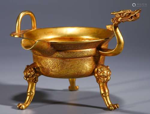 A Chinese Gilt Bronze Cup Of Dragon Pattern