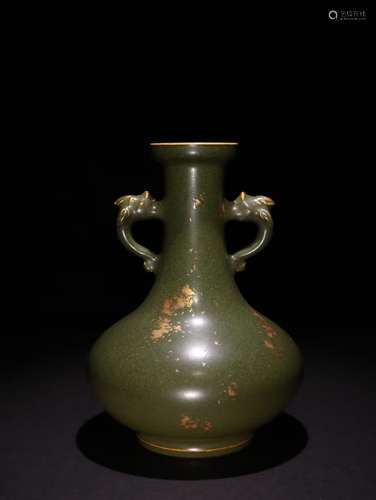 A Chinese Porcelain Tea-Dust Glazed Double Ears Vase With Golden Painting