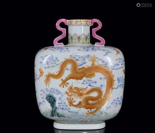 A Chinese Porcelain Enameled Oblate Vase With Golden Dragon Painting