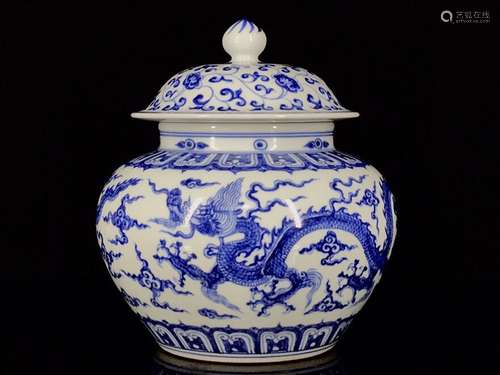 A Chinese Porcelain Blue And White Jar With Dragon Pattern