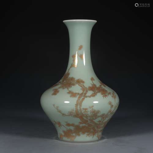 A Chinese Porcelain Pea Green Glazed Vase With Story Painting