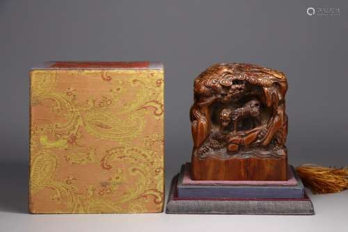 A Chinese Boxwood Seal With Beast Carving