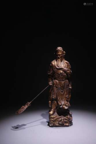 A Chinese Wood Figure Statue With Golden Painting