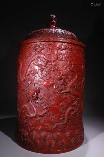 A Chinese Red Lacquerware Tube Of Dragon Carving With Cover