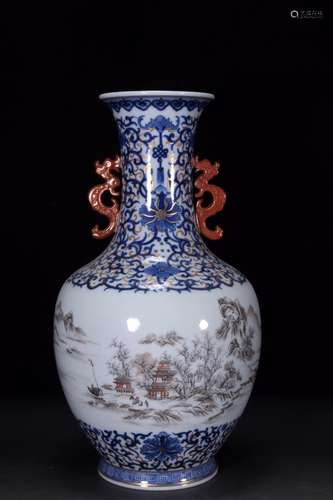 A Chinese Porcelain Blue And White Vase With Ink Painting