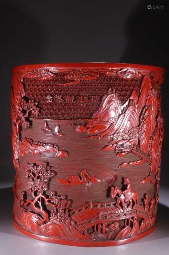 A Chinese Red Lacquerware Brush Pot With Landscape Carving