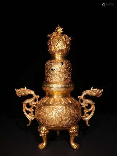 A Chinese Gilt Bronze Censer Of Dragon Carving