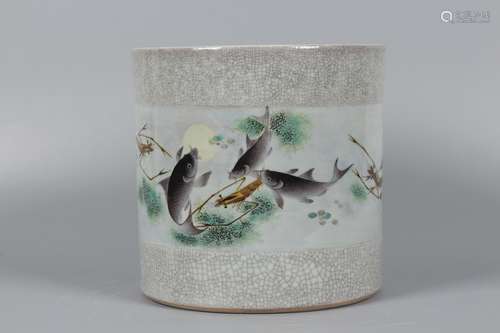 A Chinese Porcelain Famille Rose Brush Pot With Fish&Shrimp Pattern