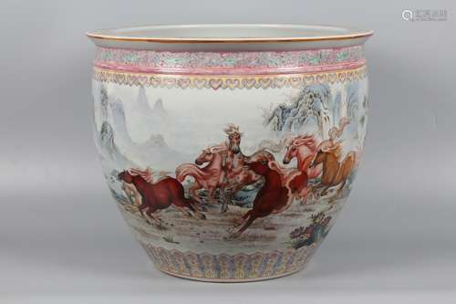 A Chinese Porcelain Famille Rose Cylinder With Horses Painting