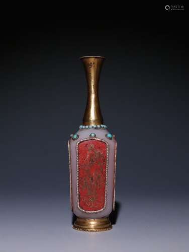 A Chinese Gilt Silver Small Vase Embeded Jade