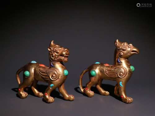 Pair Of Chinese Gilt Bronze Ornaments Of Beast Shaped