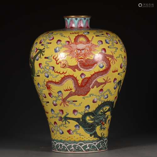 A Chinese Porcelain Yellow Glazed Famille Rose Meiping With Dragon Pattern