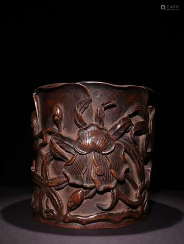 A Chinese Agarwood Brush Pot Of Floral Carving