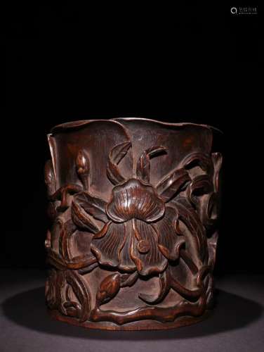 A Chinese Agarwood Brush Pot Of Floral Carving