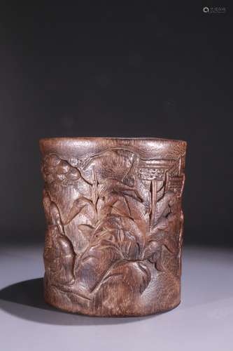 A Chinese Agarwood Brush Pot Of Story Carving