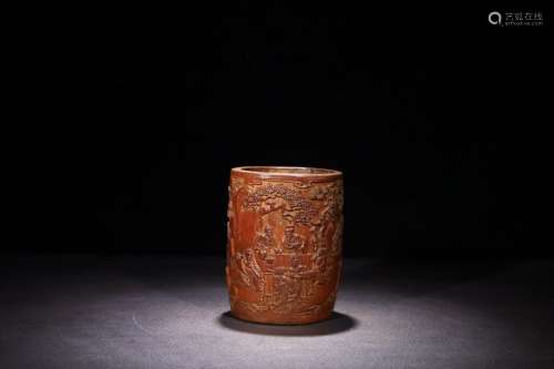 A Chinese Bamboo Brush Pot Of Story Carving