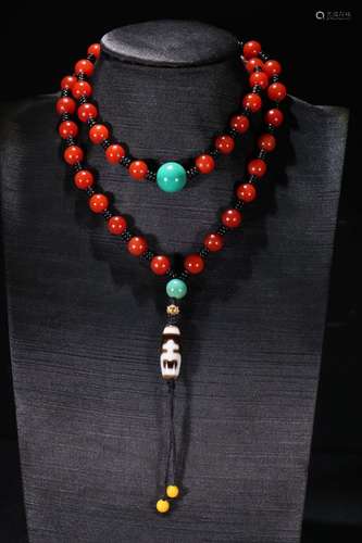 A Chinese Red Agate Necklace With Turquoise Stone