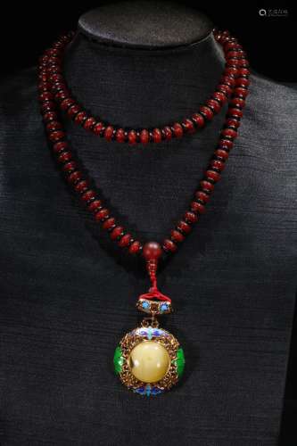 A Chinese Red Agate With Amber Necklace