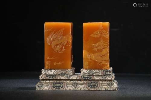 Pair Of Chinese Tianhuang Stone Seals Of Dragon&Phoenix Carving