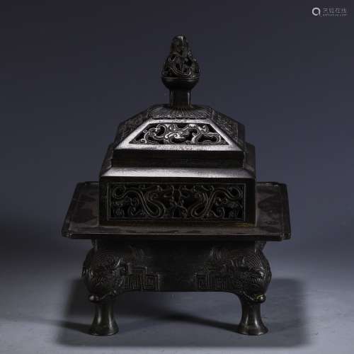 A Chinese Bronze Censer Of Beast Carving