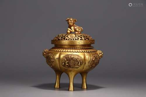 A Chinese Gilt Bronze Tripod Censer With 