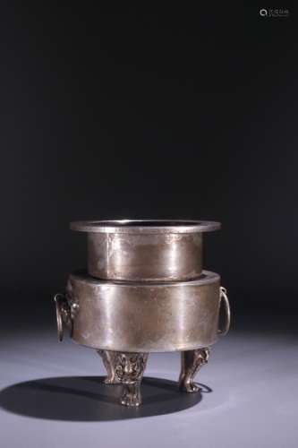 A Chinese Silver Tripod Censer With 
