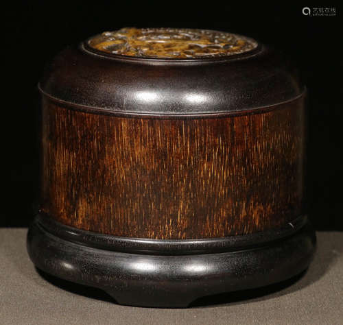 A ZITAN WOOD CENSER EMBEDDED WITH JADE