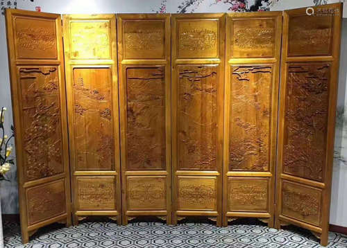 SET OF GOLD NAN WOOD SCREEN CARVED WITH LANDSCAPE PATTERN