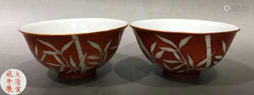 PAIR OF RED&WHITE GLAZE BOWL WITH BAMBOO PATTERN