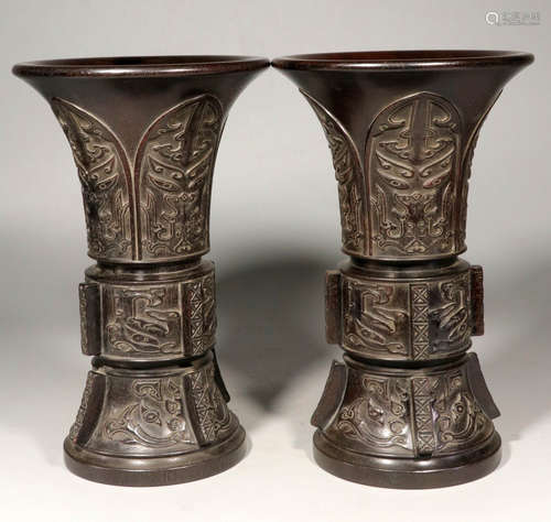 PAIR OF ZITAN WOOD VASE CARVED WITH BEAST PATTERN