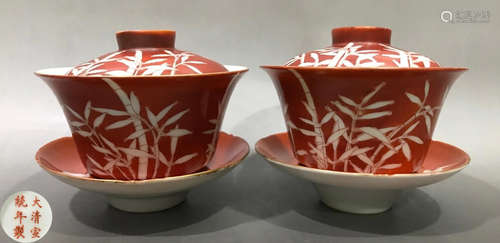 PAIR OF RED&WHITE GLAZE BOWL WITH BAMBOO PATTERN